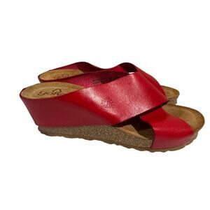 YOKONO Red Leather Criss Cross Wedge Sandals 7.5